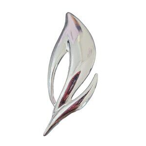 Vintage AJ Leaf Brooch Silver Tone Signed Costume Jewelry Simplistic Clean Lines
